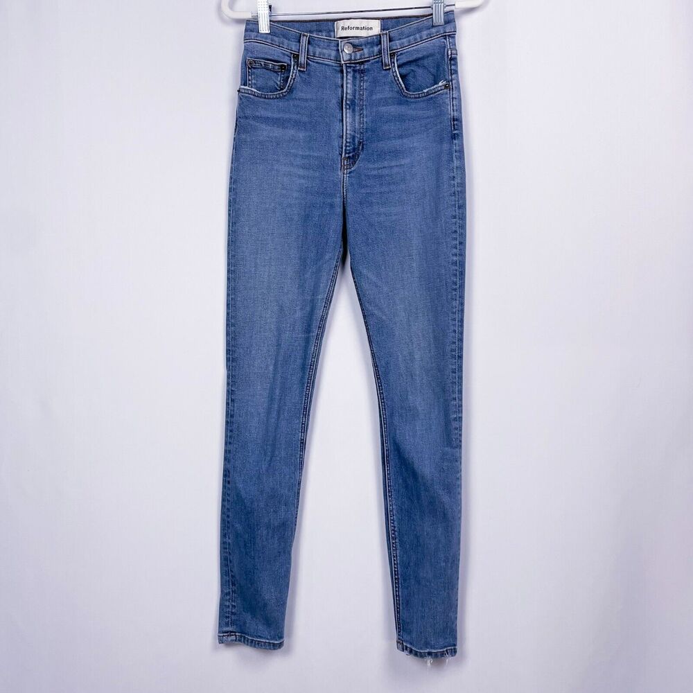 Reformation Jeans Size 27 Blue Denim High & Skinny Rhine Wash Distressed Biker